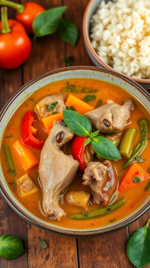 A bowl of duck curry with coconut milk, red bell peppers, and green beans, served with jasmine rice and garnished with basil.